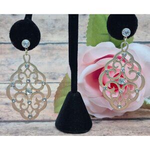 Brushed Gold Tone Swirl & Crystal Long Runway Statement Earrings Dangle 2.5"